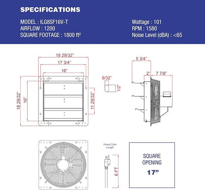 Iliving ILG8SF16V-T Wall-Mount Shutter Exhaust Fan, 16" - Variable Speed, Silver