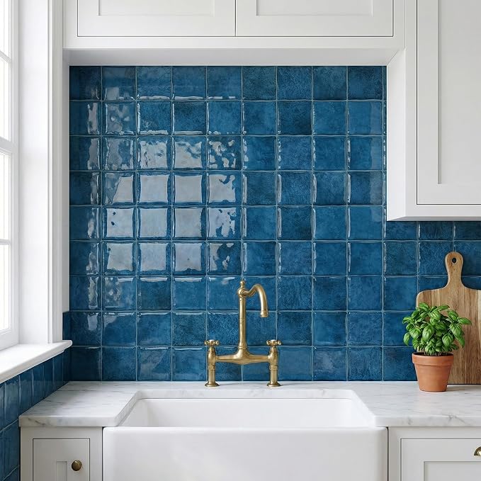 Ocean Blue 4 Sheets 6x6 Inch Peel and Stick Subway Tile Backsplash, Self Adhesive Wall Tiles for Kitchen Bathroom, Thick Waterproof Heat Resistant, Easy Install No Grout, Renter Friendly