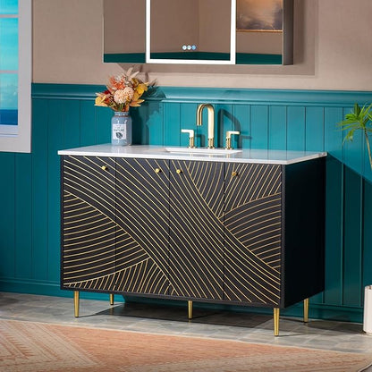 Woodbridge 48"x22" Bathroom Vanity with Single Ceramic Undermount Sink, White Engineered Stone Top, Hand-Painted Black & Gold Accents, Sleek Thin-Leg Frame, Space-Saving for Modern Living