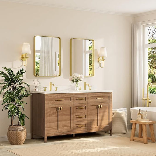 TETOTE Gold Framed Mirror for Bathroom, 22 x 30 Inch Vanity Mirror for Wall, Brushed Brass Rectangle Round Corner Entry Way Golden Frame Mirror 2 Inch Thick Frame(Horizontal/Vertical)