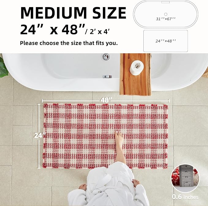 TYUU Christmas Bathroom Rugs, Cute Waffle Bath Mat, 48x24 Red & White | Super Absorbent Quick Dry Bath Rug, Non-Slip Backing, Soft Waffle Washable Farmhouse Bathroom Mats, Tub, Shower & Home Decor