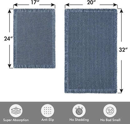 MIULEE Set of 2 Waffle Bathroom Rugs Boho Bath Mat Blue 17"x24"+20"x32" | Non Slip, Super Absorbent, Washable, Ultra Soft, Rubber Backed Bath Rugs for Bathroom Floor Tub Shower