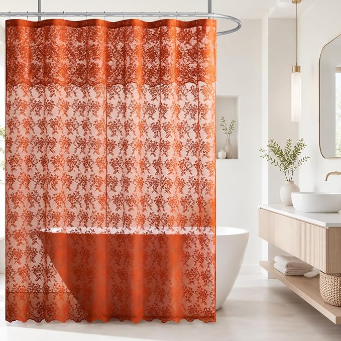 TUDECO Long Orange Shower Curtain with Attached Valance, 72W x 84L Inch | Autumn Bathroom Decor, Terracotta Floral Lace, Boho Farmhouse Charm, Brightens Space, Scalloped Edges, Reinforced Holes
