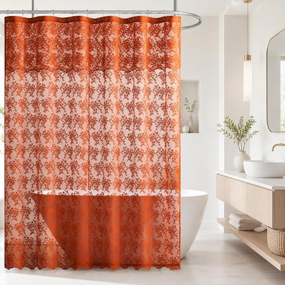 TUDECO Long Orange Shower Curtain with Attached Valance, 72W x 84L Inch | Autumn Bathroom Decor, Terracotta Floral Lace, Boho Farmhouse Charm, Brightens Space, Scalloped Edges, Reinforced Holes