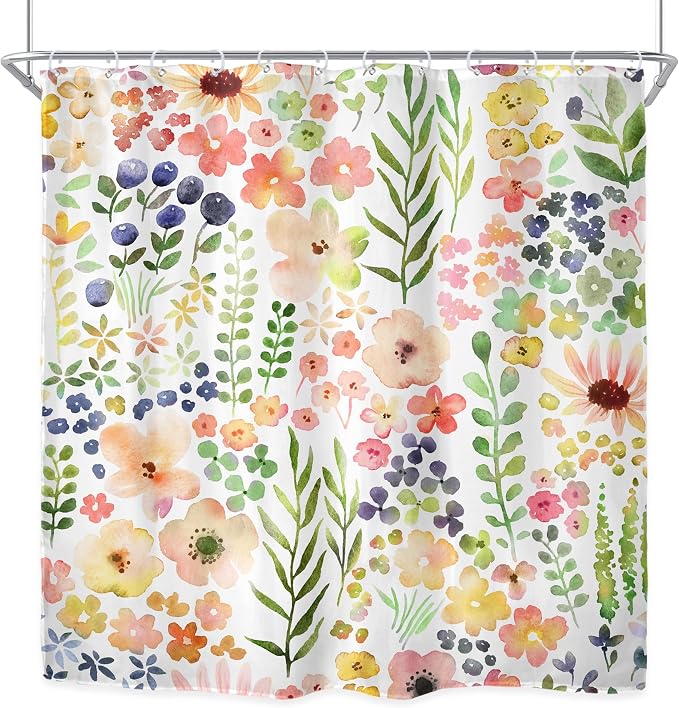 Green Yellow Floral Cute Colorful Kids Girly Bathroom Shower Curtain Set | 72"W x 72"H Botanical Plants; waterproof HD print, quick-dry fabric with 12 hooks for easy hanging.