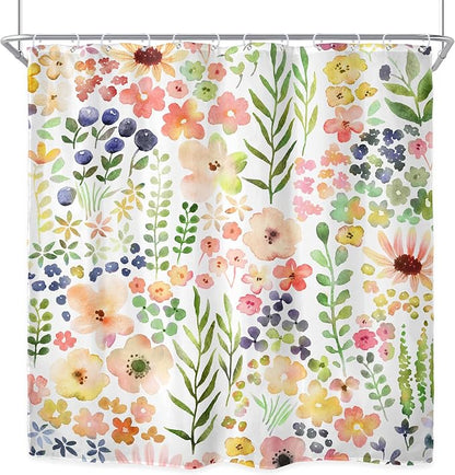 Green Yellow Floral Cute Colorful Kids Girly Bathroom Shower Curtain Set | 72"W x 72"H Botanical Plants; waterproof HD print, quick-dry fabric with 12 hooks for easy hanging.