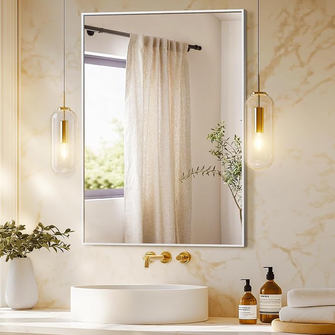 Bathroom Vanity Mirror for Wall, 24"x36" Bathroom Mirror for Over Sink | HD Shatterproof Glass, Rectangular Metal Frame, Horizontally or Vertically, Mirror for Bathroom, Living Room, Entryway,Silver