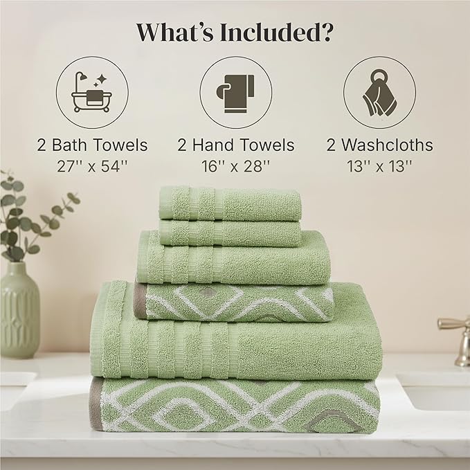 Modern Threads 6 Piece Bath Towel Set – Bathroom Set with 2 Bath Towels, 2 Hand Towels, and 2 Wash Cloths – 100% Cotton, Super Absorbent & Extra Soft – Reversible Classic Diamond (Sage Green)