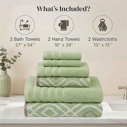 Modern Threads 6 Piece Bath Towel Set – Bathroom Set with 2 Bath Towels, 2 Hand Towels, and 2 Wash Cloths – 100% Cotton, Super Absorbent & Extra Soft – Reversible Classic Diamond (Sage Green)