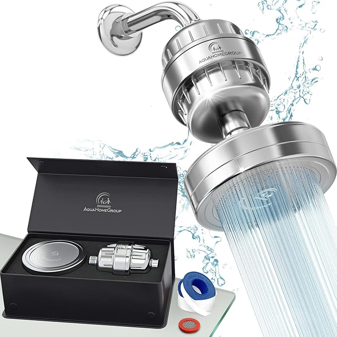 AquaHomeGroup Handheld Shower Filter, 20+3 Stage, 1.8 GPM, Chrome | Shower head 20+3 stage filtration, KDF media, reduces chlorine, heavy metals, sediment, Vitamin C E A, high pressure