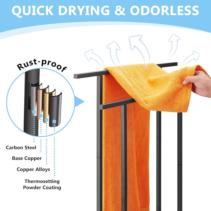 2 Tier Tall Free Standing Towel Racks for Bathroom | Metal Drying Rack for Oversized Bath Towels & Blankets, Indoor & Outdoor Use, Fits Bathroom, Pool, Black