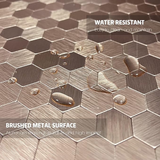 Copper Peel and Stick Backsplash, Self Adhesive Mini Hexagon Backsplash Aluminum Mosaic Tile for Kitchen Bathroom (6 Sheets)