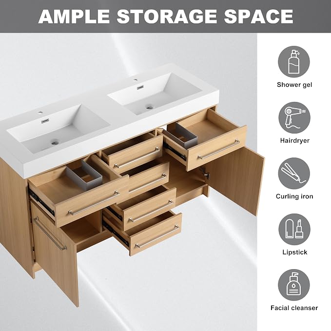 60" Freestanding Bathroom Vanity with Sink | 2 Soft Closing Doors & 6 Drawers Freestanding Vanity with Double Resin Sink, Original Oak Plywood (KD-PACKING)