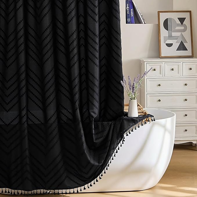 Siiluminisoy Stall Boho Shower Curtain Black Tassel Woven Fabric Shower Curtain 42 x 72 Modern Farmhouse Textured Tufted Chevron Striped Minimalist Bathroom Shower Curtain