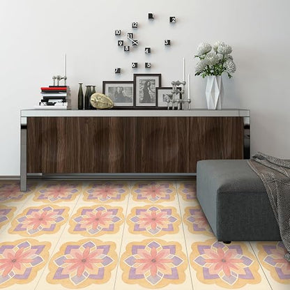 Pastel Mandala Flower Peel and Stick Floor Tiles 12x12 Inch 10PCS | Spring watercolor pastel mandala flower pattern vinyl floor stickers for kitchen bathroom entryway and indoor home decor