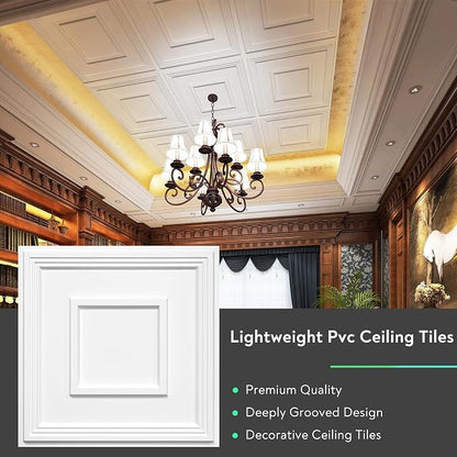 STICKGOO PVC Ceiling Tiles, 2'x2' Glue Up Ceiling Panel White to Prevent Breakage Cover 48 Sq. Ft, Pack of 12 Tiles