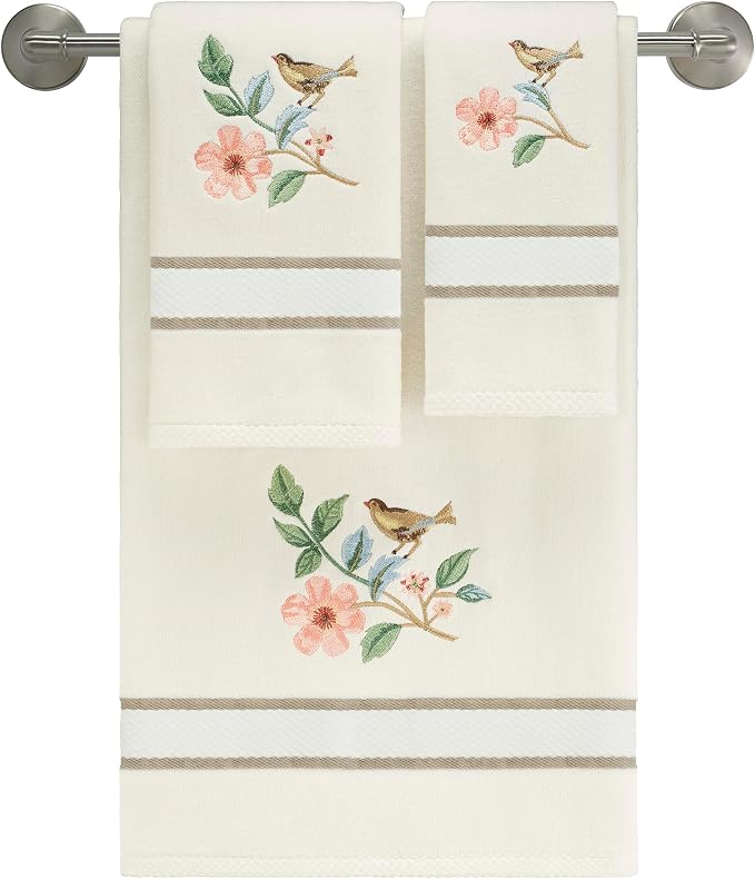 Avanti Linens – Bathroom Towel Set, Soft Ringspun Cotton Velour Bath Towel, Hand Towel & Fingertip Towel, Embroidered Bird & Floral Design, Set of 3 (Pretty Birds)