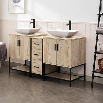 UEV Rustic Oak 60" Double Bathroom Vanity with Sink Combo,Industrial Iron Frame 2 Main Bathroom Vanity with Middle 3 Drawers Cabinet,Modern Artistic Ceramic Vessel Sink(032WH)