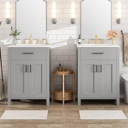 48" Bathroom Vanity Set with Double Sink, Harper & Bright Designs Free Standing Single Basin Vanity Set with 2 Soft-Close Doors and Drawer, Wooden Storage Cabinet with Ceramic Basin for Bathroom, Grey