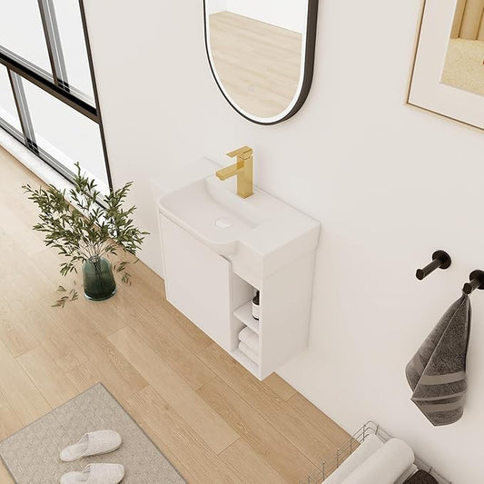 24" Wall-Mounted Bathroom Vanity with Ceramic Sink, 24 inch Floating Single Sink Vanity Cabinet Modern Brown 1-Door Design with Storage Shelf (Space-Saving for Small Bathrooms), White