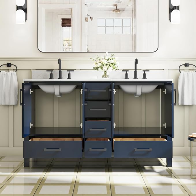 60-Inch Bathroom Vanity with Sink, 4 Soft-Close Doors and 6 Soft-Close Drawers, Bathroom Freestanding Vanity with Cultured Marble Countertop, Navy Blue Vanity with Matte Black Handles