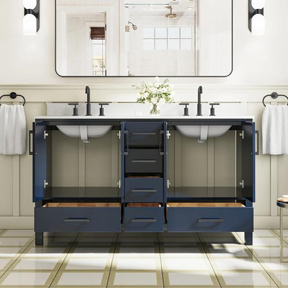 60-Inch Bathroom Vanity with Sink, 4 Soft-Close Doors and 6 Soft-Close Drawers, Bathroom Freestanding Vanity with Cultured Marble Countertop, Navy Blue Vanity with Matte Black Handles