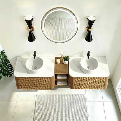 72 Inch Double Vanity with Sink Set, Floating Bathroom Sink Cabinet with Sintered Stone Top&Solid Wood Hammered Frame, Double Bathroom Vanities w/Soft-Close Drawers&1 Middle Open Cube