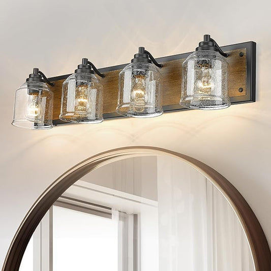 Vanity Lights for Bathroom Large 31.5", Farmhouse Rustic Vanity Light with Bubble Glass Shades, Brown 4 Light Bathroom Lighting Fixtures Over Mirror, Bath Wall Sconce Home Decor