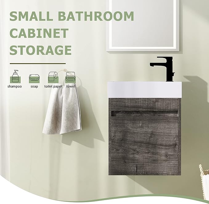 18" Bathroom Vanity with Sink, 18 Inch Floating Bathroom Vanity for Small Space, Single Sink Bathroom Vanity Combo, Modern Bathroom Vanity, Grey Wall Mounted Cabinet Set（005）