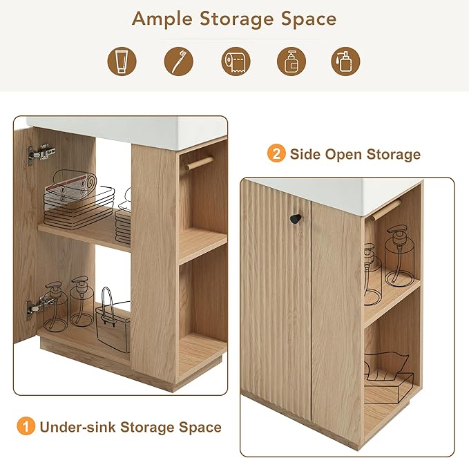 Merax Bathroom Vanity, Undermount Sinks Vanity with Side Storage, Floor Standing Bathroom Storage Cabinet Combo Set, Small Bathroom Sink Vanity, Oak