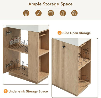 Merax Bathroom Vanity, Undermount Sinks Vanity with Side Storage, Floor Standing Bathroom Storage Cabinet Combo Set, Small Bathroom Sink Vanity, Oak
