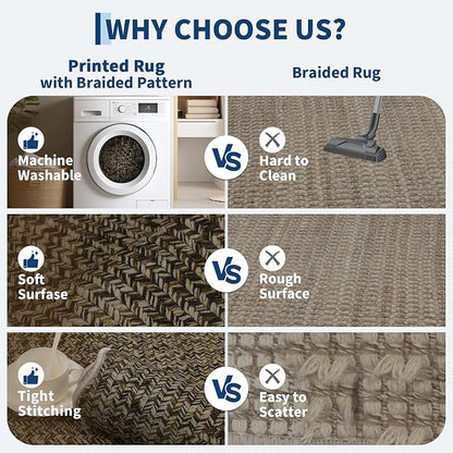 Imitation Braided Collection-Print Large Washable Rug 9x12 Non-Slip Rugs for Living Room, Natural Bordered Carpet, Stain Resistant Thin Foldable Floor Cover Bedroom for Nursery Dining Room