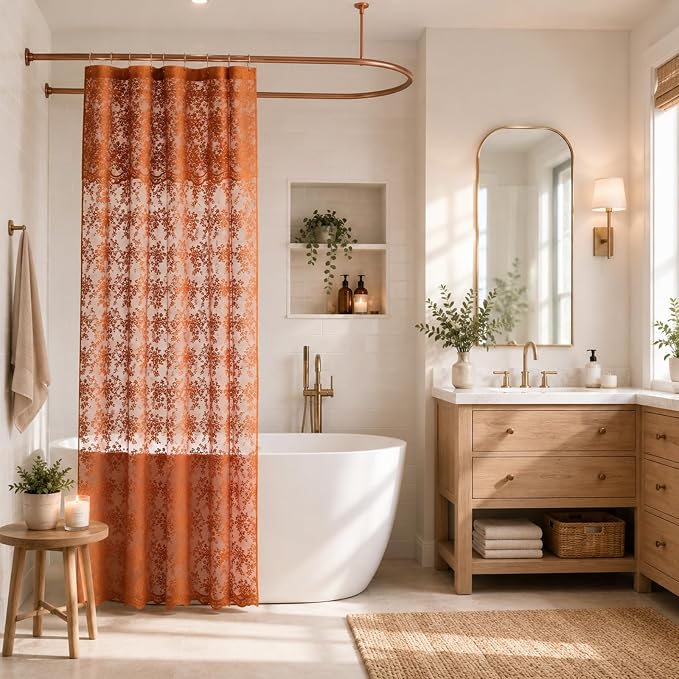 Orange Shower Curtain 36x72, Narrow Stall Lace with Attached Valance | Terracotta Lace Shower Curtain with Scalloped, Floral Details, Soft Light for Boho Fall Stalls, RVs and Small Bathrooms