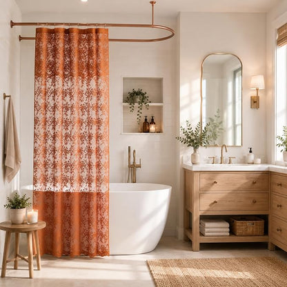 Orange Shower Curtain 36x72, Narrow Stall Lace with Attached Valance | Terracotta Lace Shower Curtain with Scalloped, Floral Details, Soft Light for Boho Fall Stalls, RVs and Small Bathrooms