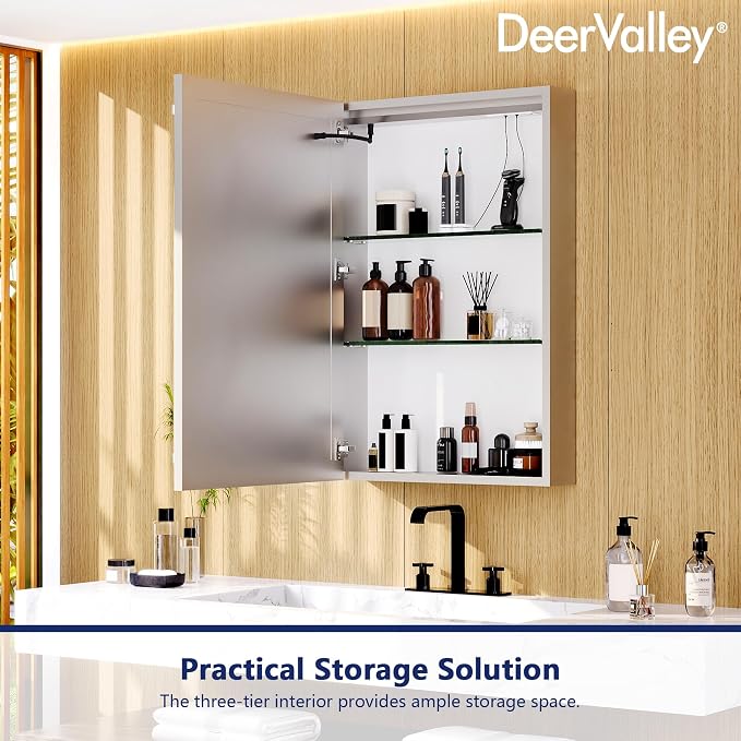 DeerValley 24" W x 36" H Led Lighted Medicine Cabinet with Mirror | Bathroom Medicine Cabinet with Defogger & 3-Color, Wall Mounted Mirrored Medicine Cabinets with Lights, DV-1VM0187