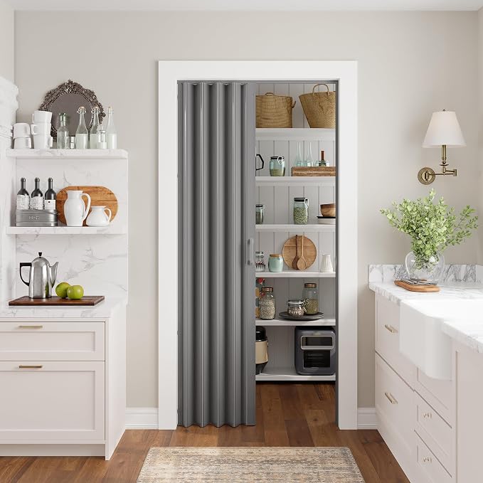 SmartStandard 36" x 80" Accordion Doors Interior, Double Walled, Grey | Easy to Assemble, Save Space, PVC Accordion Folding Doors for Closet Doorway Basement, with Track and Hardware