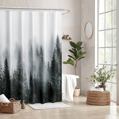 ORTIGIA 84 Inch Long Dark Green Misty Forest Shower Curtain for Bathroom, Nature Woodland Shower Curtain Set with Metal Hooks, Decorative Pine Tree Fog Magic Bath Curtain, Weighted, 72x84