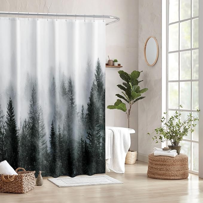 ORTIGIA Dark Green Misty Forest Shower Curtain for Bathroom, Nature Woodland Shower Curtain Set with Hooks, Decorative Pine Tree Fog Magic Bath Curtain for Home, Waterproof Fabric, Weighted, 72x72