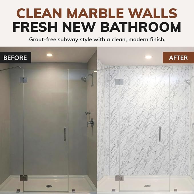 From Plain To Beautiful In Hours 133-640-HERR-KIT Herringbone Tile - Tub and Shower Wall Panels Surround (Covers/ 96 sq. ft.), Marble, 1 Piece