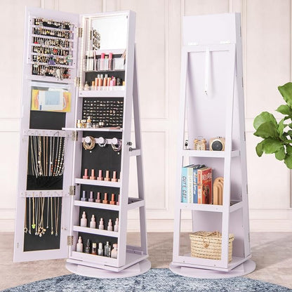 MAT EXPERT 360° Rotating Jewelry Armoire, Lockable Freestanding Jewelry Organizer w/Full-length Mirror, 3-Color LED Lights, Rear Storage Shelves, Mirror Jewelry Cabinet for Bedroom (Lavender)