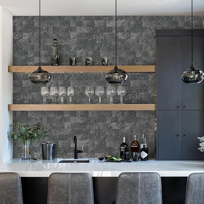 Vamos Tile 100 Pieces Peel and Stick Backsplash Tiles, 3" x 6" PVC Subway Tile, Black Slate Stick on Backsplash Tiles for Kitchen/Bathroom/Fireplace/Laundry/Camper