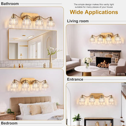 Bathroom Vanity Light, Gold Vintage Tulip Glass Shade, Antique Brass Finish | 4 Light Brushed Gold Bathroom Light Fixtures, Crystal Wall Sconce, Mounted Over Mirror for Bedroom Hallway, Easy to Install