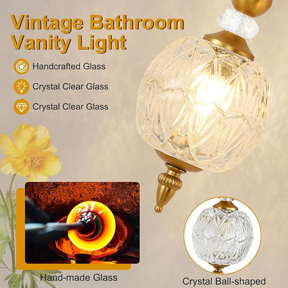 Vintage 2-Light Bathroom Vanity Light Over Mirror, Matte Brass | 17in Wide Farmhouse Bathroom Decor, Ribbed Glass Shades, G9 base, Wall Mounted, Mid Century Wall Sconces Vanity Lighting