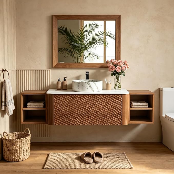 60 Inch Modern Bathroom Vanity with Ceramic Sink, Floating Bathroom Sink Cabinet with Sintered Stone Top&Solid Wood Hammered Frame, Single Bathroom Vanities w/Soft-Close Drawer&2 Side Open Cube