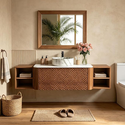 60 Inch Modern Bathroom Vanity with Ceramic Sink, Floating Bathroom Sink Cabinet with Sintered Stone Top&Solid Wood Hammered Frame, Single Bathroom Vanities w/Soft-Close Drawer&2 Side Open Cube