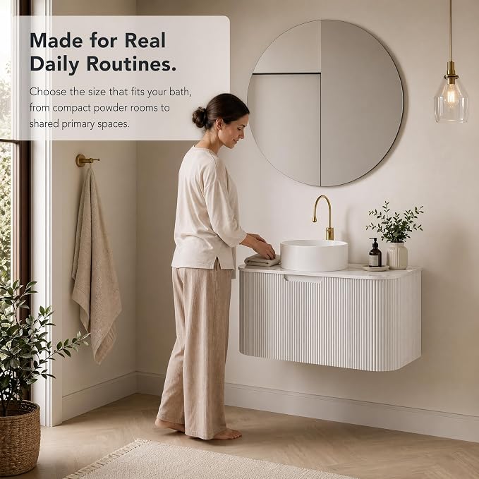 30 Inch Bathroom Vanity with Sink, Floating Wall Mounted Single Sink Vanity, White Curved Fluted Front, Stone Top, Pure White Round Vessel Basin, Pre-Assembled