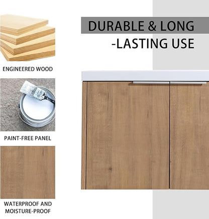 72" Floating Double Sink Bathroom Vanity Brown Wall Mount Bathroom Vanity Cabinet with Sink Combo, 72-Inch Bathroom Vanities Set with Open Storage Shelf & 2 Side Cabinet & 2 30in Bathroom Vanities