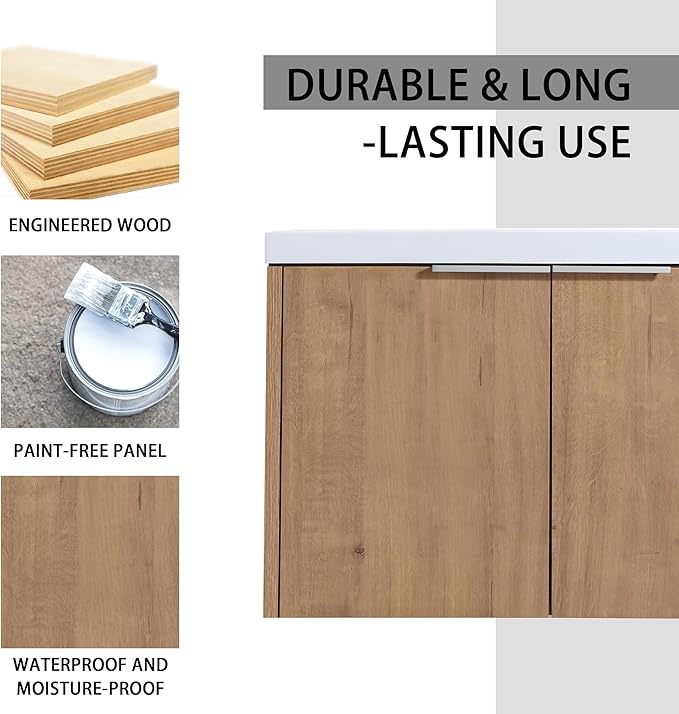Henf 30" Floating Bathroom Vanity with Sink for Compact Space, Brown Wall Mount Bathroom Vanity Cabinet with Sink Combo, 30 Inch Bathroom Vanities Set with Side Cabinet Floating Cabinet