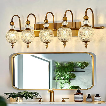Vintage Bathroom Lights Fixtures Gold Vanity Light with Glass Globe LampShade 5 Light Brushed Brass G9 Bulb Wall Sconce Antique Indoor Vanity Light Over Mirror for Kitchen Bedroom Living Room