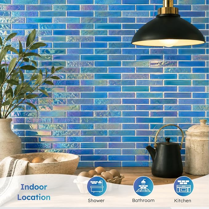 Pool Glass Mosaic Tiles, Iridescent Blue, 1x4 Inch Brick, 5 Sheets | Glass Linear Tile for Swimming Pool, Kitchen Backsplash, Shower, Bathroom Wall, Waterline, Fountain